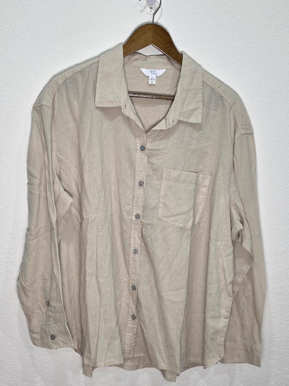Linen Blend Button Down Shirt XL 16-18 Beige Long Sleeve Pocket Top